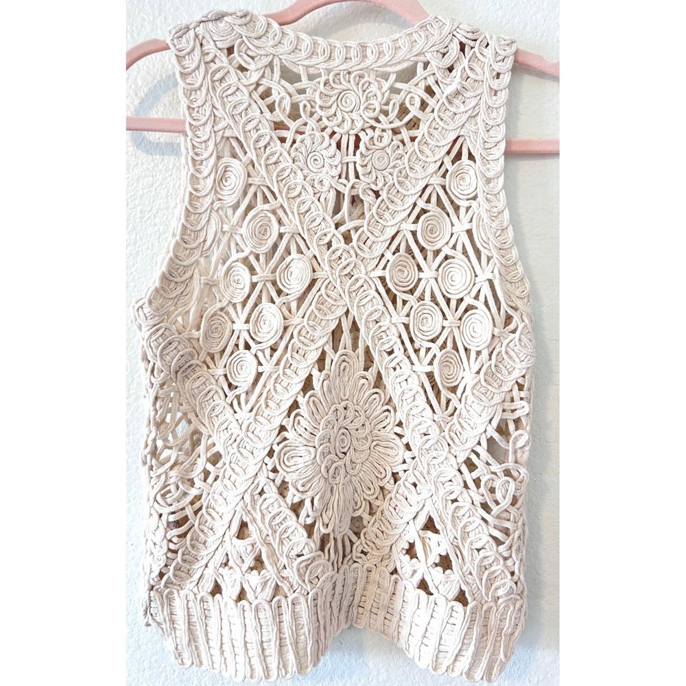 Boho Hippie Crochet Macrame Floral Open Knit Tank Top Cream Sleeveless OS - Picture 5 of 10